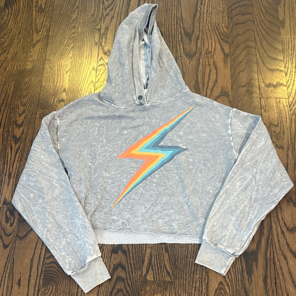 Vintage Havana Women’s Lightning Bolt Gray Crop Hoodie Sweatshirt Size Small